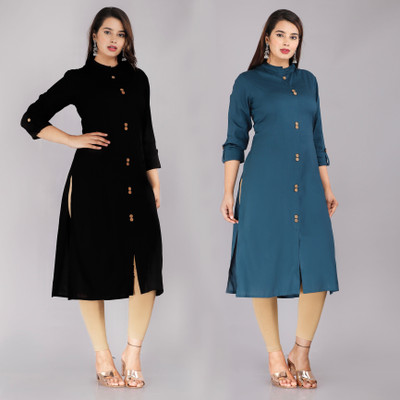 PYARELAL Women Solid Straight Kurta(Blue, Black)