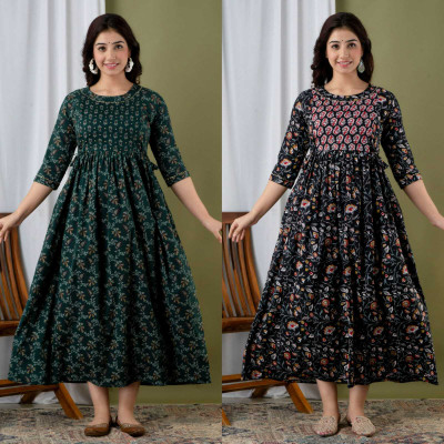 FASHION CLOUD Women Printed A-line Kurta(Dark Green, Black)