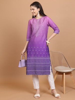 KETCH Women Printed Straight Kurta(Purple, White)