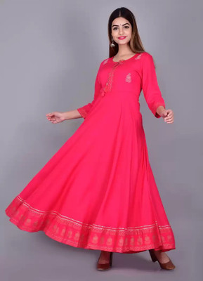 Trendjio Women Embroidered Anarkali Kurta(Pink)