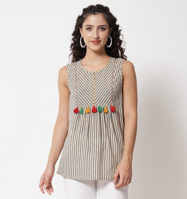 BEATNIK Women Striped Flared Kurta(Brown)