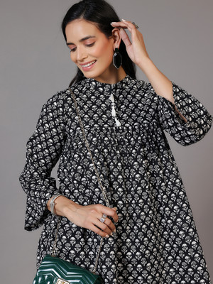 LIBAS Women Printed A-line Kurta(Black, White)