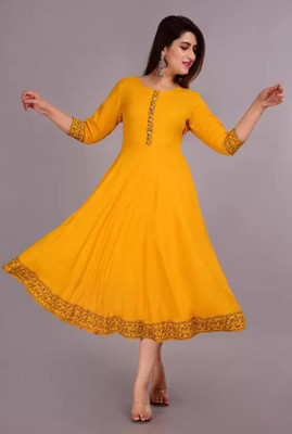 Shunit creation Women Solid Anarkali Kurta(Yellow)