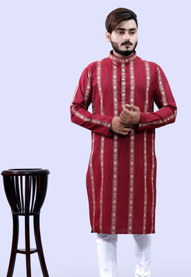 Tibra Collection Men Striped Straight Kurta(Maroon)