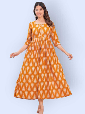 HOUSE OFF COMMON Women Printed Anarkali Kurta(Yellow)