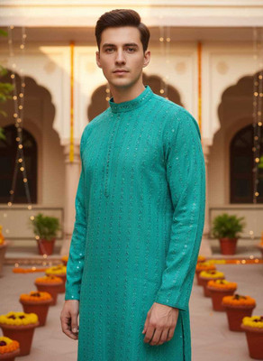 Fashion First Men Printed Straight Kurta(Green)