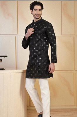 Biswas Trends Men Embroidered, Embellished Straight Kurta(Black)
