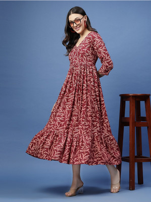 Khejal Women Fit and Flare Pink Midi/Calf Length Dress