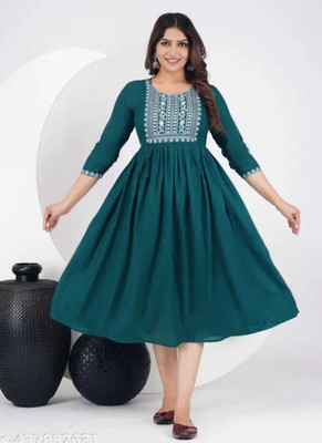 Seema Fashion Women Embroidered, Solid Flared Kurta(Dark Green)