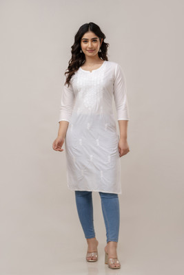 MANVIK FASHION Women Embroidered A-line Kurta(White)