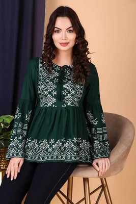 Indonium Women Embroidered, Floral Print Flared Kurta(Green)