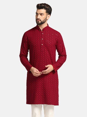 AHHAAAA Men Chikan Embroidery Straight Kurta(Maroon)
