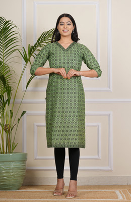 Gelyna Women Printed A-line Kurta(Green)