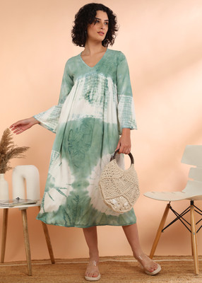 maaesa Women Printed Flared Kurta(Light Green)