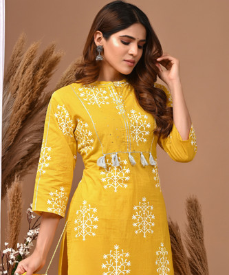 Rimeline Women Printed, Self Design Straight Kurta(Yellow)