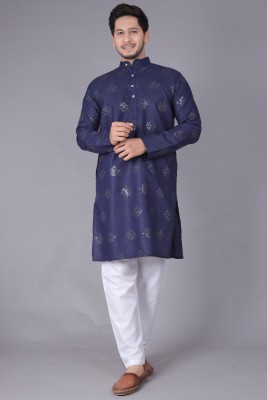 Ethzy Men Embellished Straight Kurta(Blue)