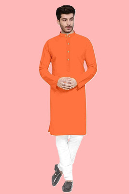 krishu Men Solid Straight Kurta(Orange)
