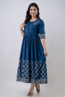 HouseOfCommon Women Printed Anarkali Kurta(Blue)