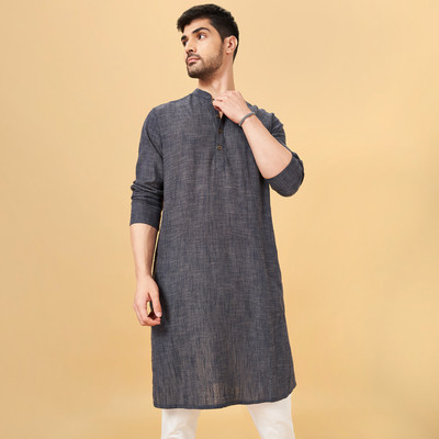 Indus Route by Pantaloons Men Solid Straight Kurta(Blue)