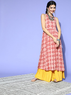 AHIKA Women Geometric Print A-line Kurta(Pink)