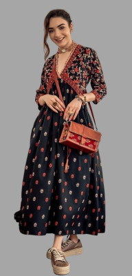 Habbu Women Floral Print Anarkali Kurta(Dark Blue)