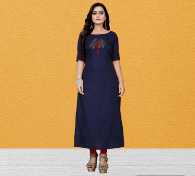 Retrox Women Self Design Straight Kurta(Dark Blue)