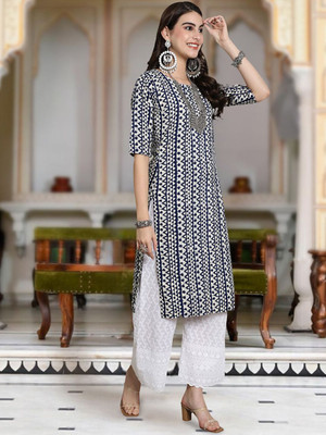 Moda Rapido Women Printed A-line Kurta(Dark Blue)
