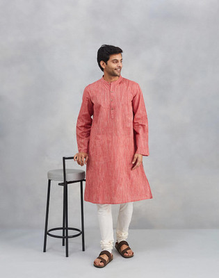 Fabindia Men Self Design Straight Kurta(Pink)