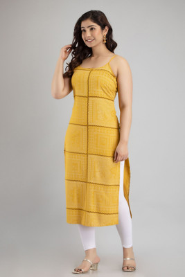 ftDiva Women Printed Straight Kurta(Yellow, Brown)