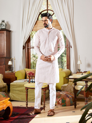 See Designs Men Striped Straight Kurta(White)