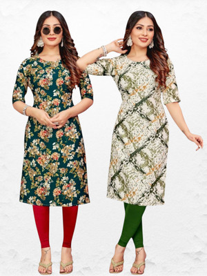HouseOfCommon Women Printed Straight Kurta(Green, White)
