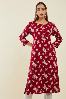 soch Women Printed Straight Kurta(Maroon)
