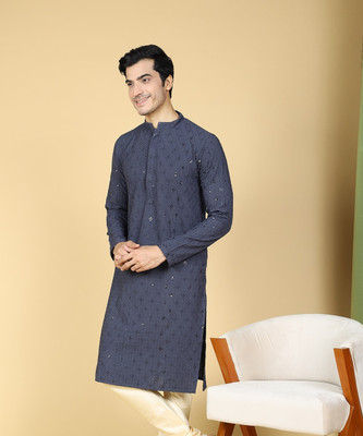 sultan Men Chikan Embroidery Straight Kurta(Blue)