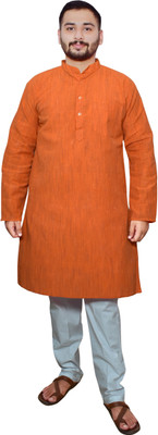 Divine creation Men Solid, Self Design Straight Kurta(Orange)