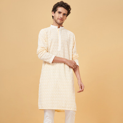 Indus Route by Pantaloons Men Printed Straight Kurta(Yellow)