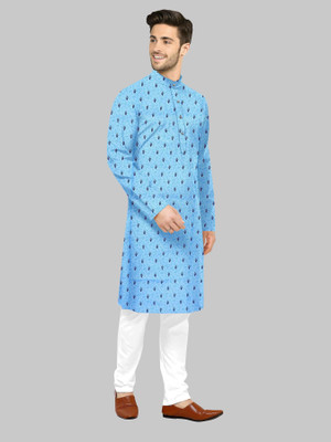 fabzy Men Printed Straight Kurta(Blue)