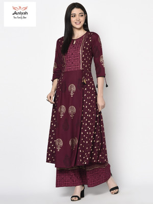 Aniyah Women Block Print Anarkali Kurta(Maroon)
