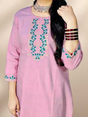 LIMRA Women Embroidered Straight Kurta(Orange)