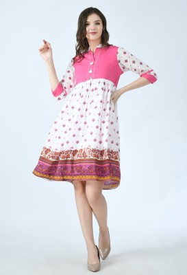 HouseOfCommon Women Printed Flared Kurta(Pink)