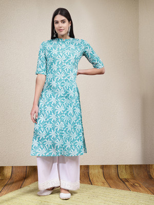 Stylum Women Floral Print A-line Kurta(Light Blue, White)