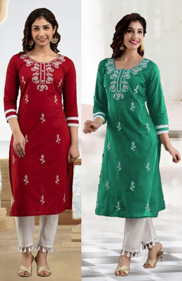 vikshi Women Chikan Embroidery Straight Kurta(Multicolor)