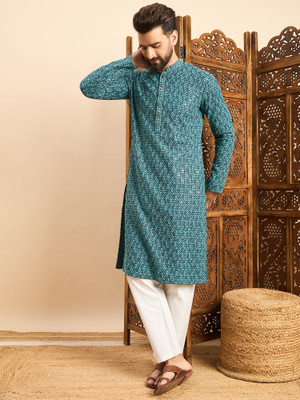 House of Pataudi Men Embroidered Straight Kurta(Dark Blue)