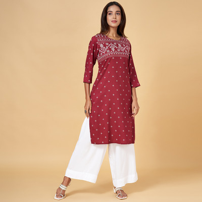 Rangmanch by Pantaloons Women Printed Straight Kurta(Maroon, White)