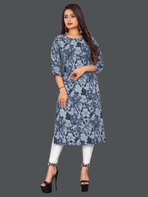 dharmanandan creation Women Printed Straight Kurta(Grey, Blue)