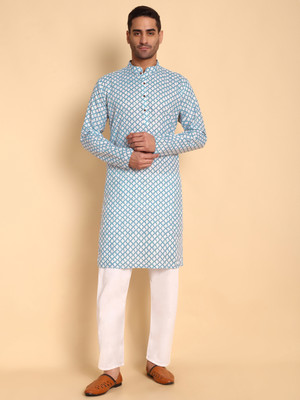 Vardha Men Geometric Print Trail Cut Kurta(Blue)