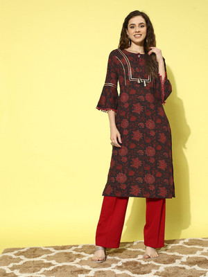 all about you Women Printed Straight Kurta(Blue)