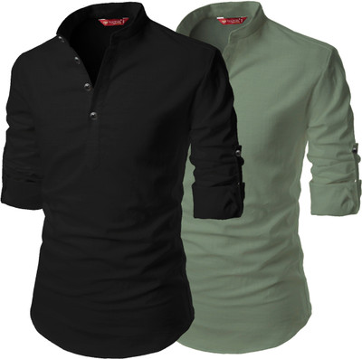 FireFish Men Solid A-line Kurta(Light Green, Black)