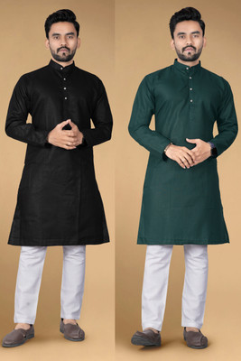 ETHNICSUTRA Men Solid Straight Kurta(Black, Green)