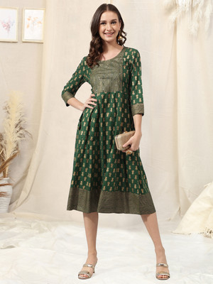 MIRCHI FASHION Women Printed A-line Kurta(Green, Gold)