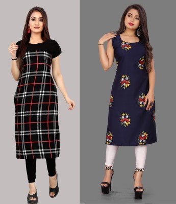 Hiral Creation Women Printed Straight Kurta(Black, Dark Blue)